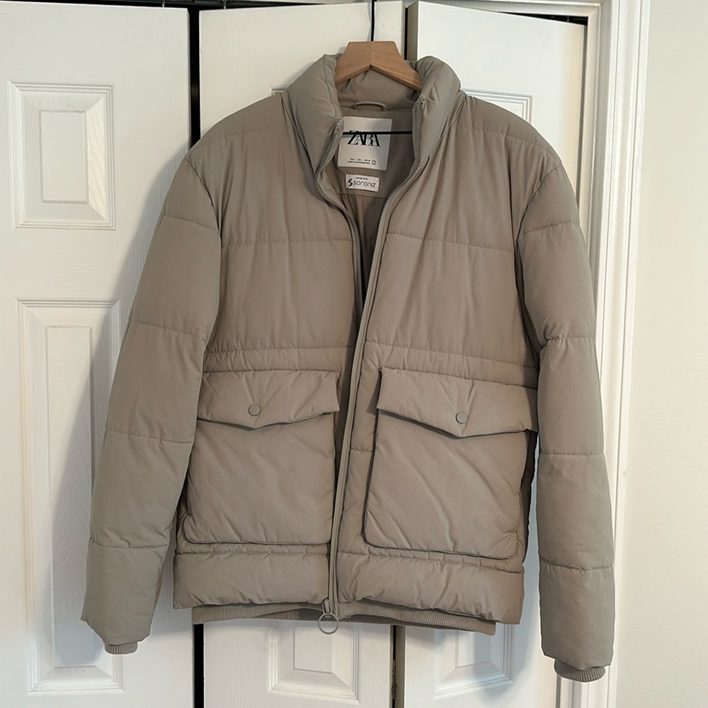 Beige/Grey Zara Puffer Jacket in Size L